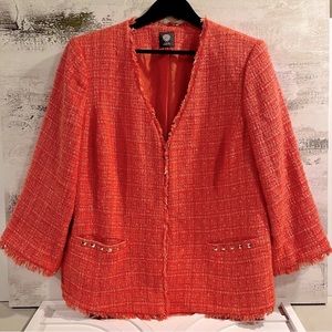 VINCE CAMUTO Jacket 16W Fringe Tweed Coral Peach Wool Blend 3/4 Sleeves SPRING